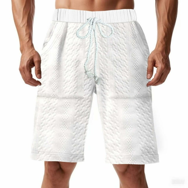 Sentmoon Mens Gym Shorts High Waist Loose 2025 Summer Golf Shorts Drawstring Solid Color Knitted Quick Dry Bathing Suit with Pockets Trendy for Sports Running White L