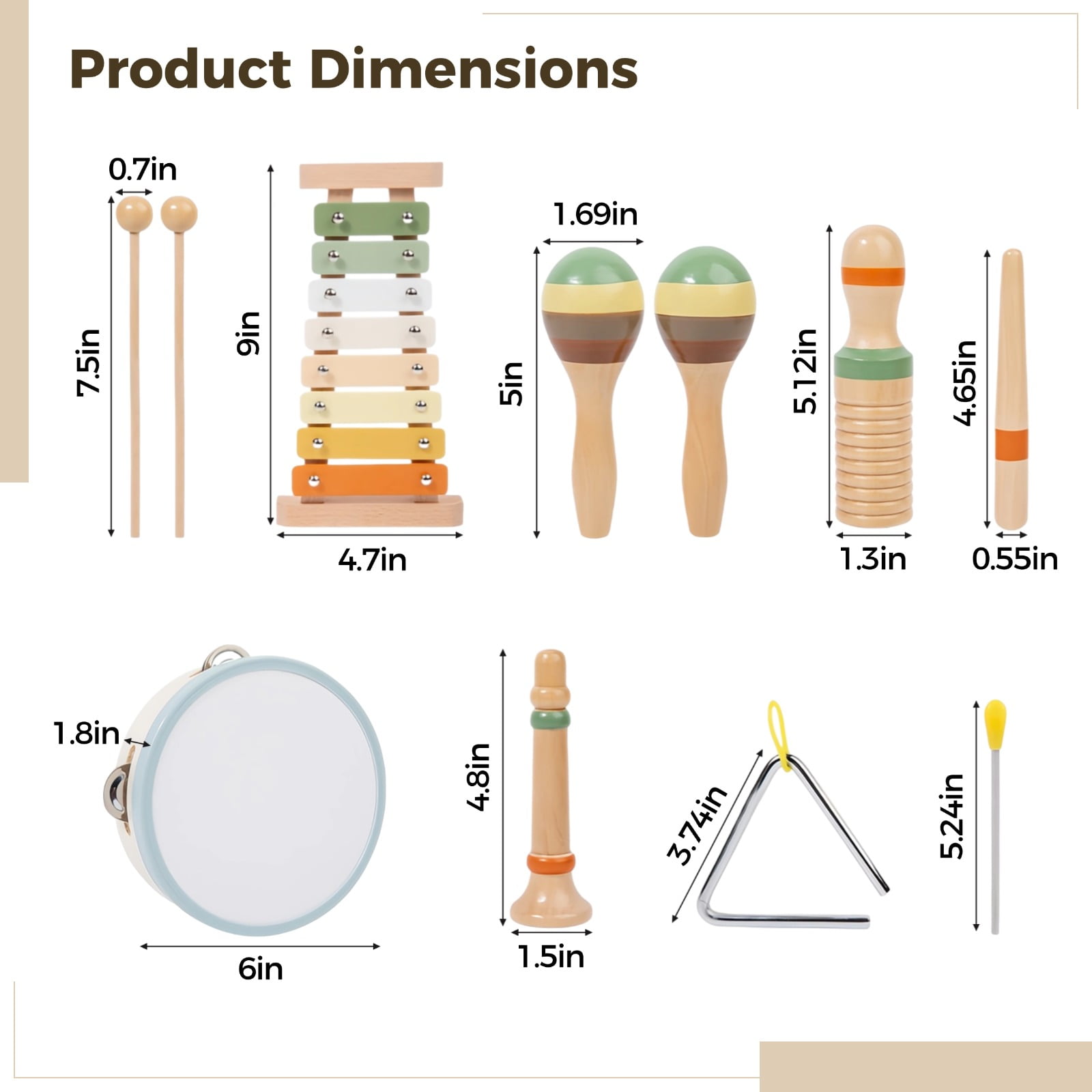 6 Pcs Wooden Percussion Instruments Set, Musical Instruments for little ones 1-3, Xylophone, Guiro, Sand Hammer, Horn, Tambourine, Triangle Iron, Orff Music Toys