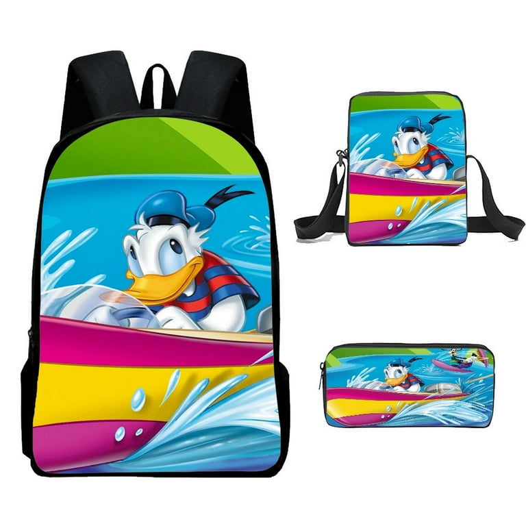 Lishuaiier Donald Duck Backpack Large Capacity Daypacks for College Students with Pen Carrying Case, Cross Body Chest Bag (3pcs/set), Kids Unisex