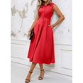 thumbnail image 3 of Red Solid Minimalist Stand Collar Sleeveless A-Line Midi Dress For Women, 3 of 7