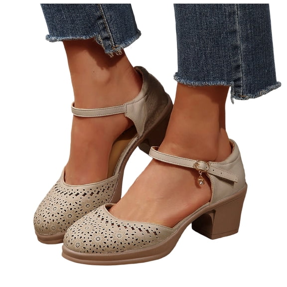 Rokment Vintage Dressy Sandals for Women Spring Summer Fall Retro Casual Leather Floral Closed Toe Platform Chunky Block High Heels Dress Shoes with Glitter Rhinestones Charm Brown Size 6.5