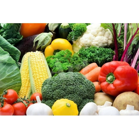 Mushroom Garden Art Close up of Fresh Raw Organic Vegetable Produce, Assortment of Corn, Peppers, Broccoli, Mushrooms, Print Wall Art By warrengoldswain ()