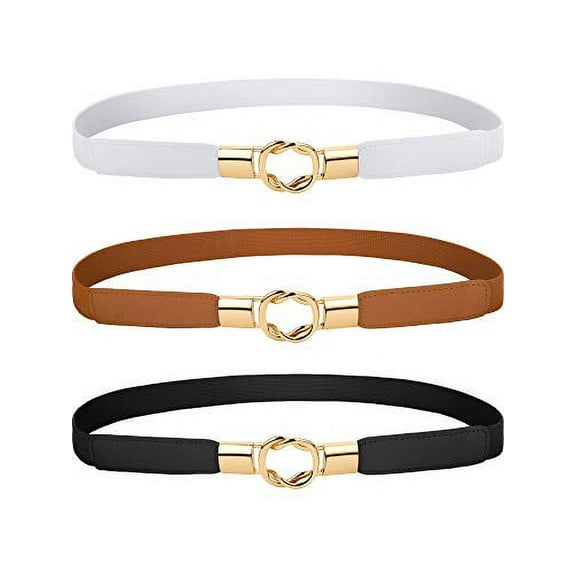 3 Pieces Women Skinny Waist Belt Elastic Thin Belt Waist Cinch Belt for Women Girls Accessories (White Brown Black)
