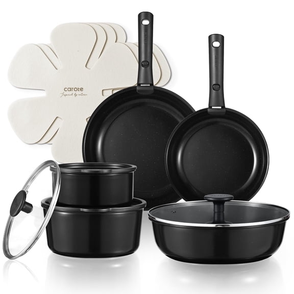 Carote 15 Pcs Ceramic Nonstick Cookware Set, Pots and Pans with Detachable Handles, Oven Safe, Induction Ready, Stackable Kitchen Cookware, Black
