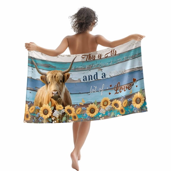Beach Towel Farm Highland Cattle Sunflower Bath Pool Towels Blue Wood Grain Cow Animal Absorbent Beach Towel Soft Large Quick Dry Lightweight Travel Sports Yoga Gym Swim Towels for Adult 35x70 Inch
