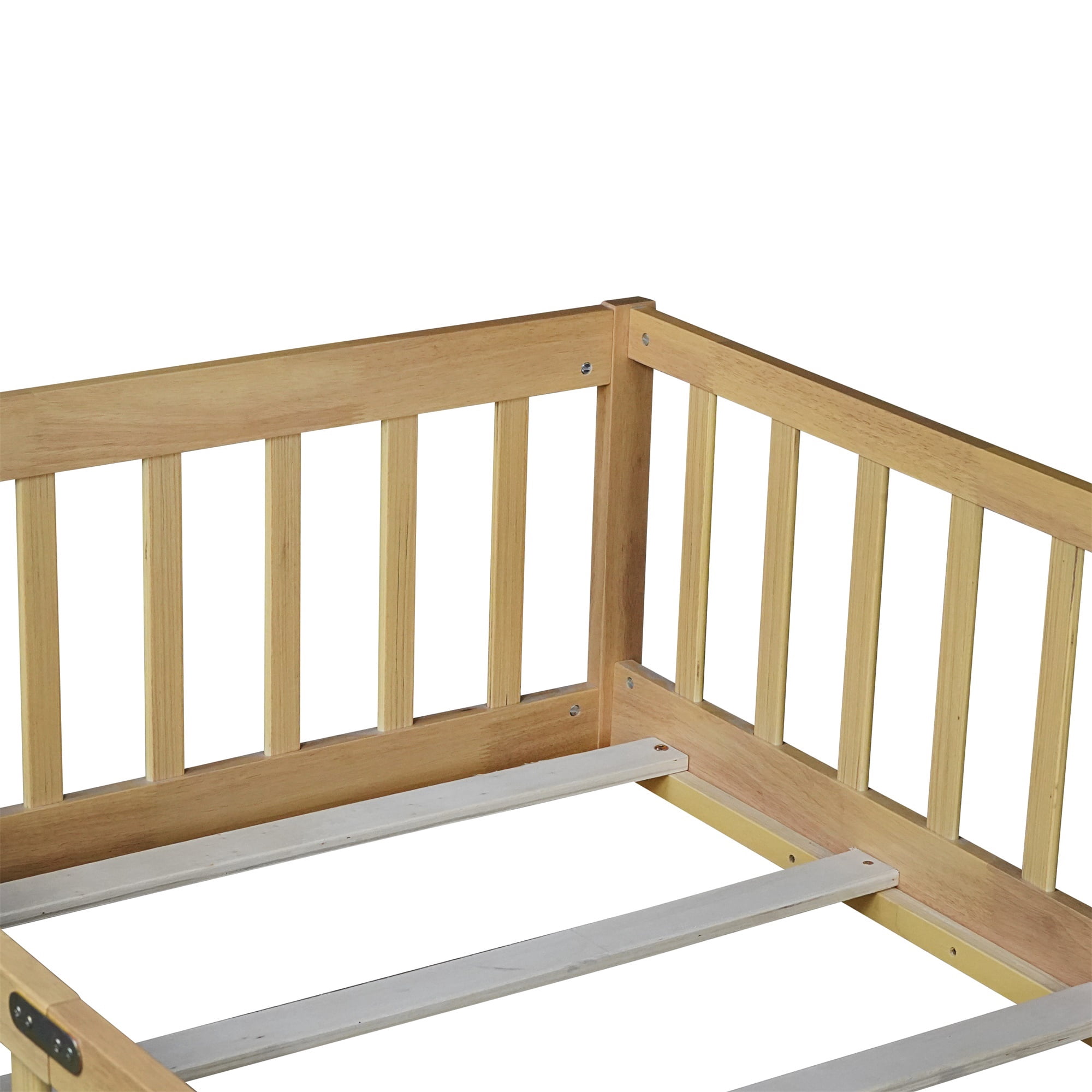 Alvantor Twin Size Floor Bed for Toddler, Solid Wood Floor Bed with Door and Fence Guardrail, Montessori Floor Bed for Boys, Girls,Natural