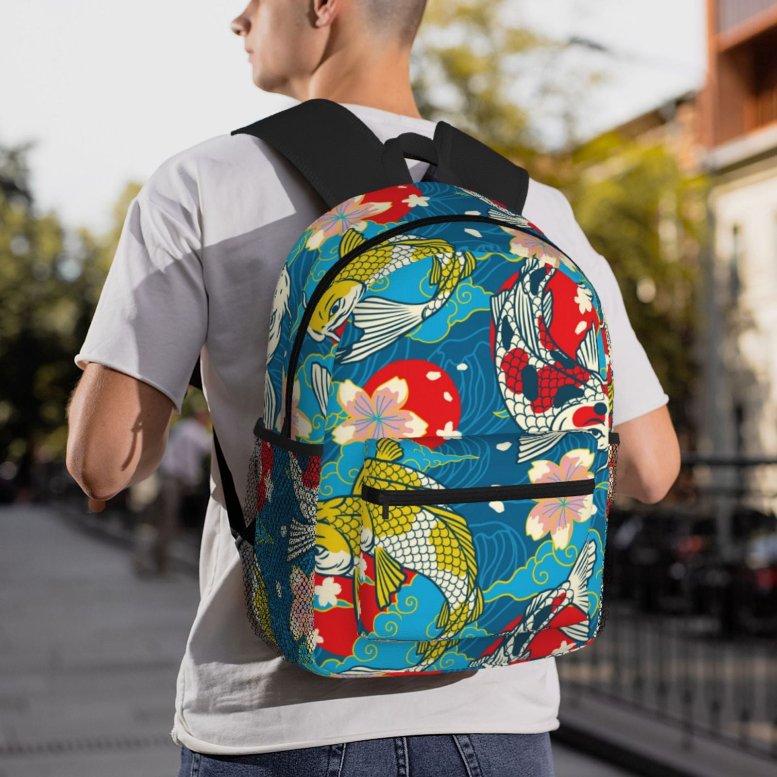 Gukieu Japanese Koi Print Backpack, Waterproof Backpack with Adjustable Shoulder Straps, Suitable for Campus, Business, Travel, Unisex