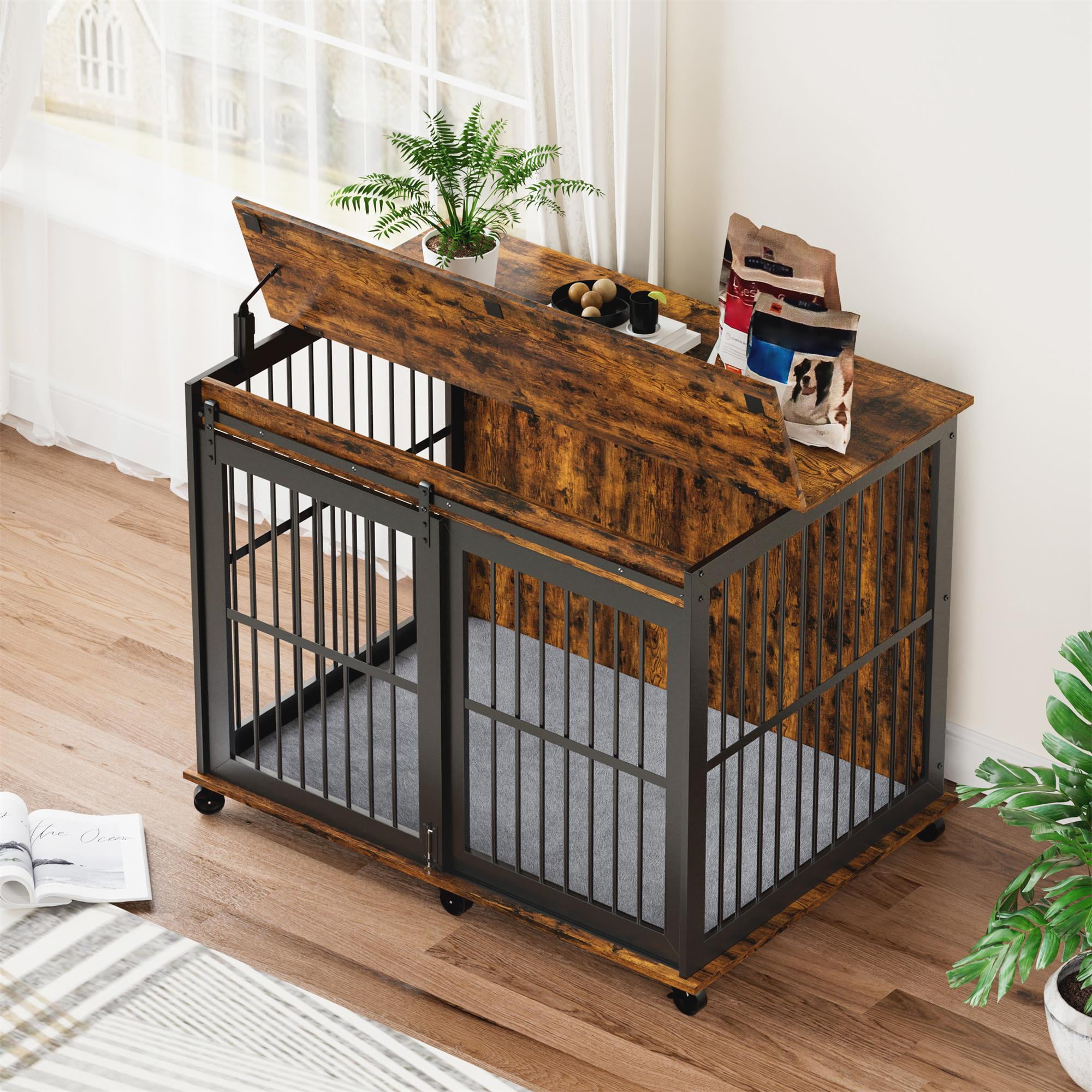 Pefilos 43" Heavy Duty Dog Crate for Medium Dogs, Furniture Style Dog House with Wheels, Indoor Dog Cage Sliding Iron Door with Mat, Brown Pefilos 43" Heavy Duty Dog Crate for Medium Dogs, Furniture Style Dog House with Wheels, Indoor Dog Cage Sliding Iron Door with Mat, Brown