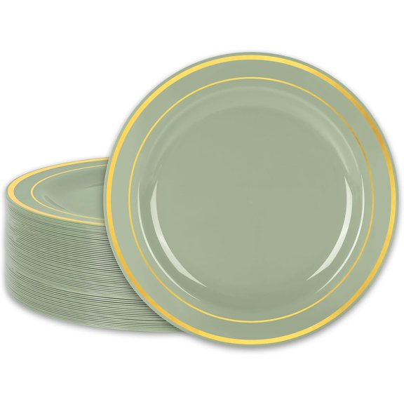 50Pcs Sage Green Plastic Plate Gold Foil Border Disposable Dessert Plates 7.3 In Salad Appetizer Plate for Bridal Shower Wedding Party Supplies Table Decor