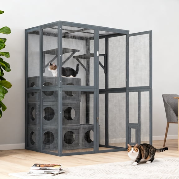 JXXRZ Large Outdoor Cat Enclosure Wooden Cat Cage for Multiple Cats with Waterproof Roof, Jumping Platforms, Cat Swing