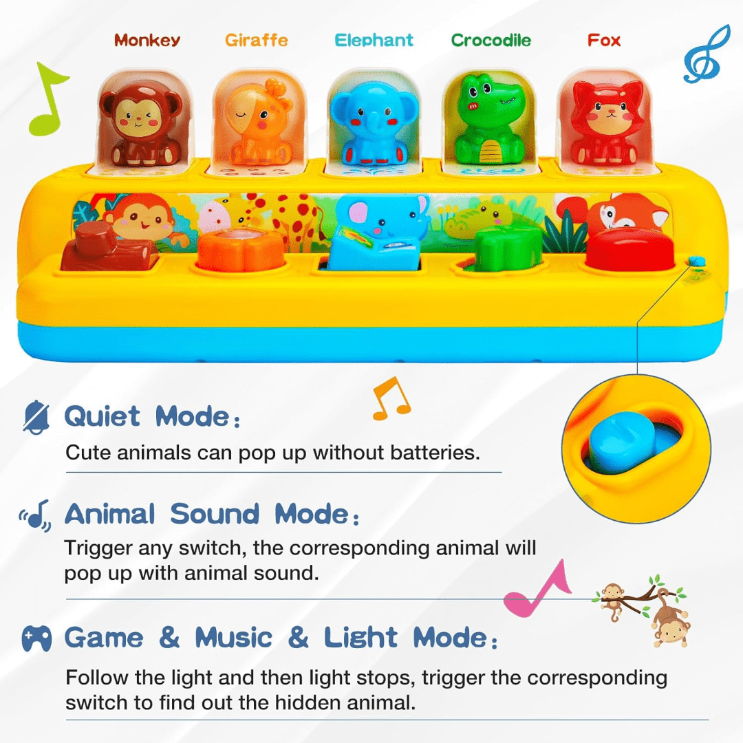 Interactive Pop up Animal Toys with Music & Light, Montessori Cause and Effect Toys for 1 Year Old Boy Girl Early Learning Musical Baby Toys 9-12-18 Months STEM Toddler Toys Age 1-2 Gift for Infant
