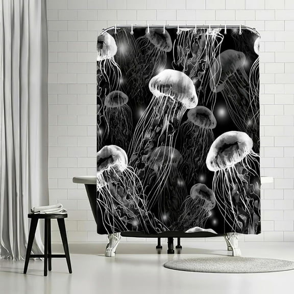 Jellyfish Shower Curtain Black and White Ocean Bathroom Decor Shower Curtains Fabric Polyester Waterproof with Plastic Hook 72" X 72"