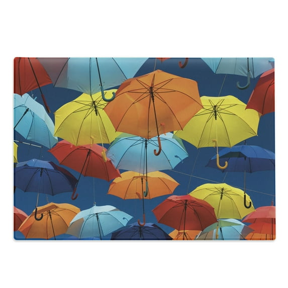 Colorful Cutting Board, Umbrellas Colors the Sky Traditional Portugal European Culture Picture, Decorative Tempered Glass Cutting and Serving Board, Large Size, Multicolor, by Ambesonne