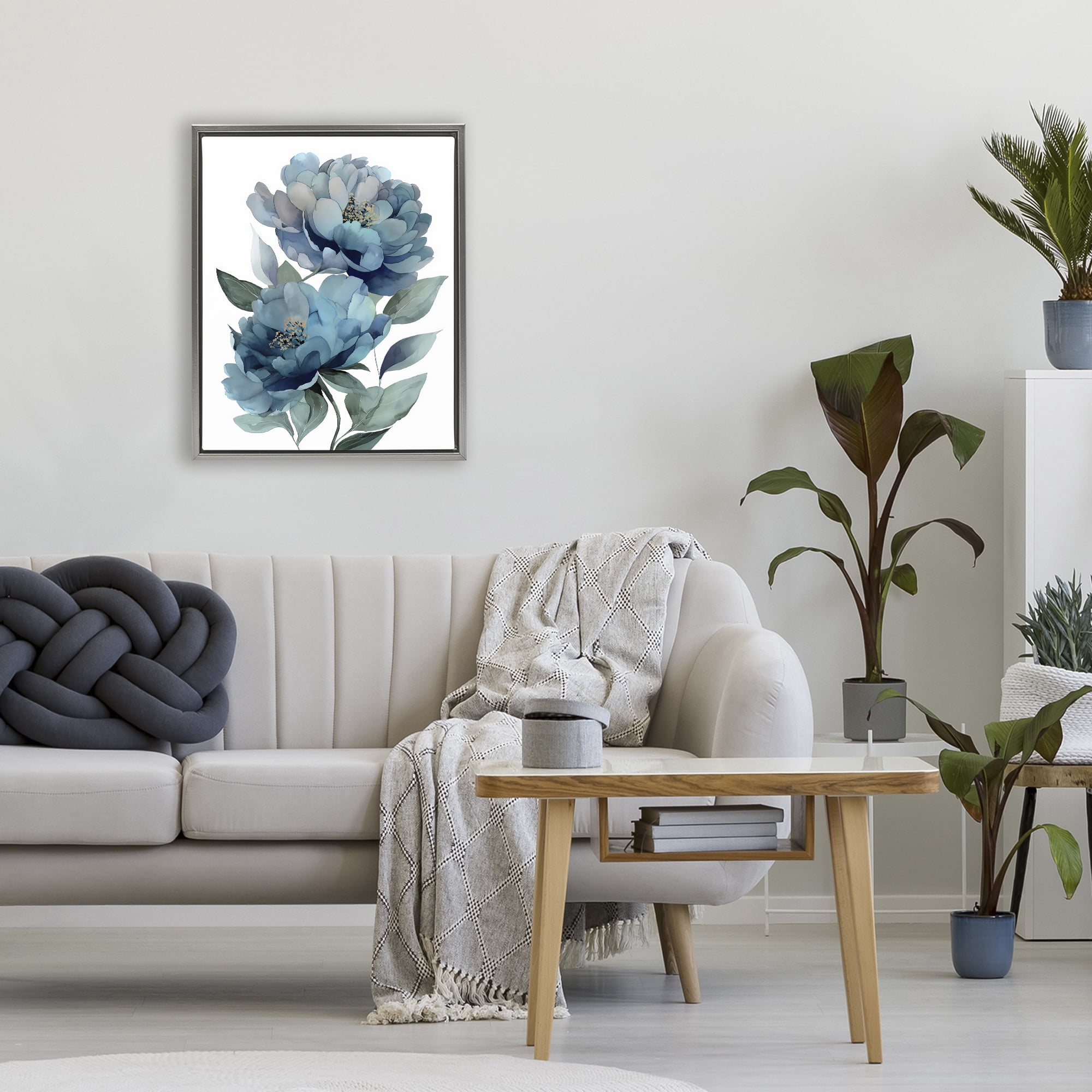 Stupell Industries Two Blue Flowers Serene Peonies Gray Framed Floater Canvas Wall Art, design by Franklyn Gregory