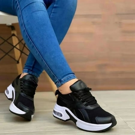 

Egmy Women Breathable Sneakers Color Solid Color Shoes Plus Size Fashion Sports Casual Shoes Black 41