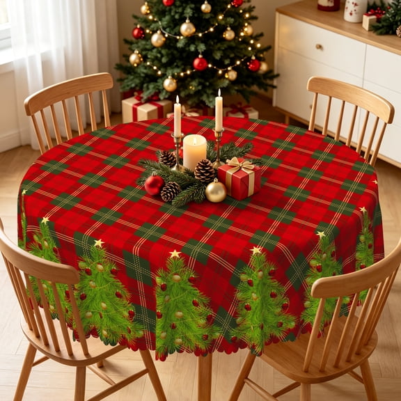 Tchckioa Green Christmas Tree Tablecloth,60 Inch Round Stain Proof Table Cloth Cover for Restaurant Decor