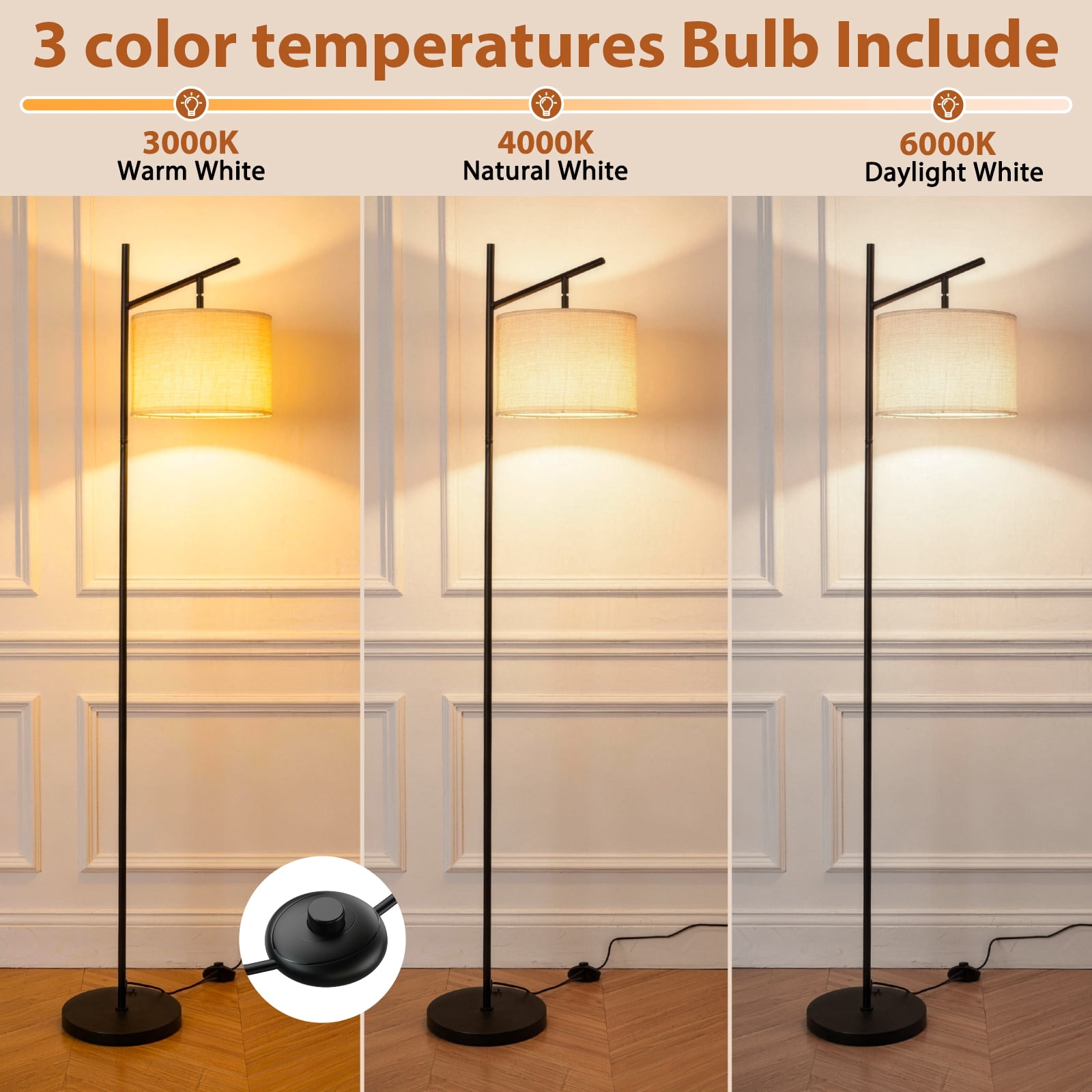 Floor Lamps for Living Room, Standing Lamp with 3 Color Temperatures, Arc Tall Lamp for Bedroom Office, Black