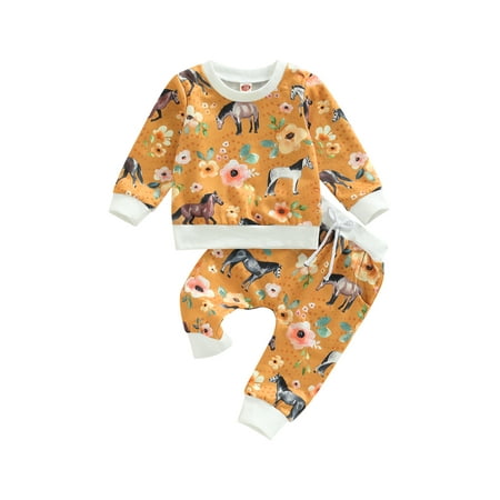 

Canrulo Newborn Baby Girl 2Pcs Outfits Flower Print Long Sleeve Sweatshirt Top + Drawstring Pants Fall Spring Set Turmeric 18-24 Months