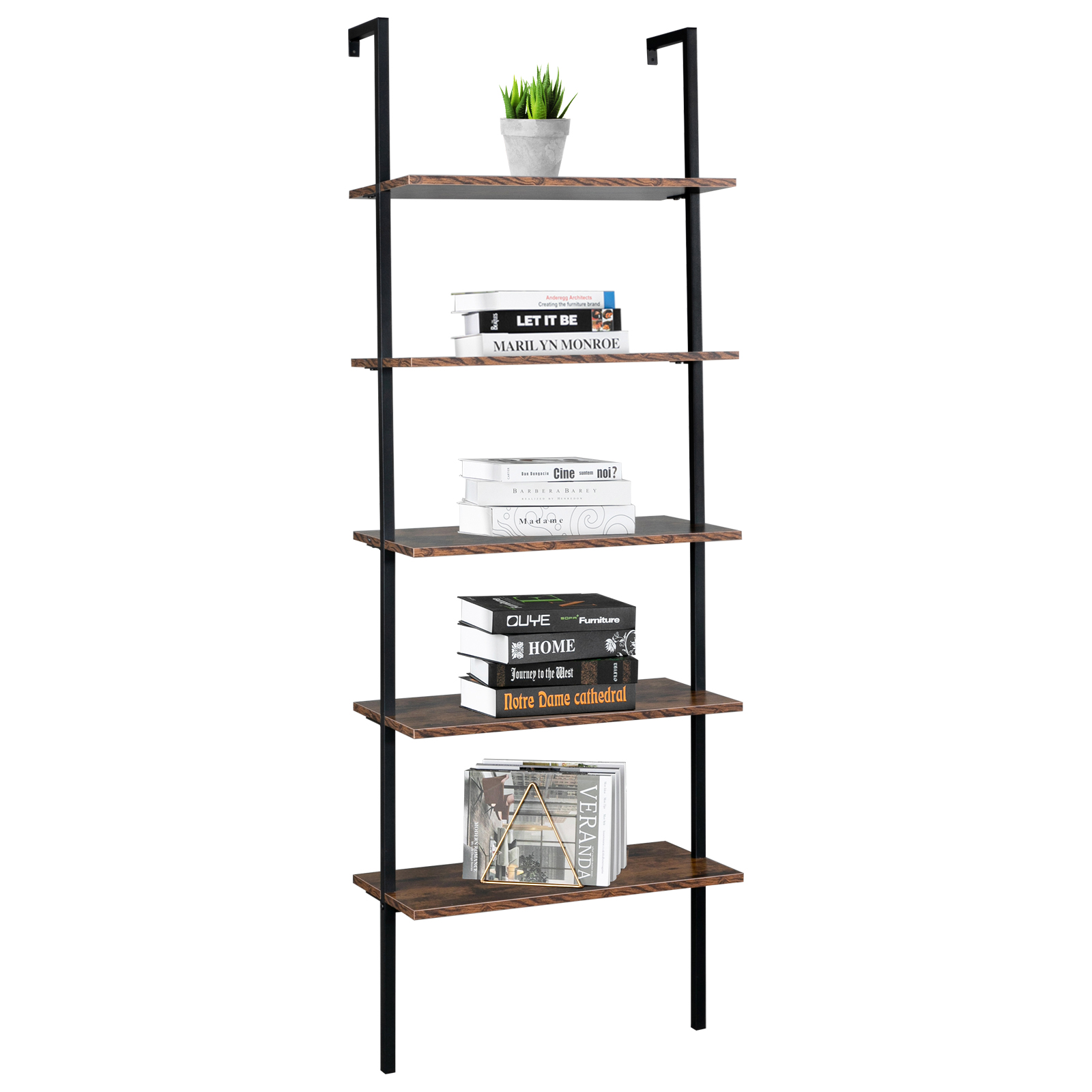 VINGLI Wall Mounted Bookshelf,Industrial Bookcase 5 Shelf,Rustic Brown