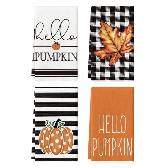 Sm:)e Hello Pumpkin Maple Leaves Buffalo Plaid Fall Kitchen Dish Towels 18x26 Inch Set of 4