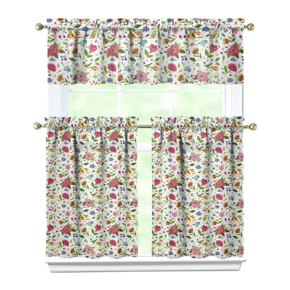 Retro Wildflower Curtains 36 Inch - 3 Panel Rustic Farmhouse Kitchen Set with Vintage Botanical Print, Boho Chic Rod Pocket Design for Country Style