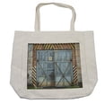 thumbnail image 1 of Industrial Shopping Bag, Old Wooden Factory Gate Warning Signs Change Modern Techno Theme Print, Eco-Friendly Reusable Bag for Groceries Beach and More, 15.5" X 14.5", Cream, by Ambesonne, 1 of 2