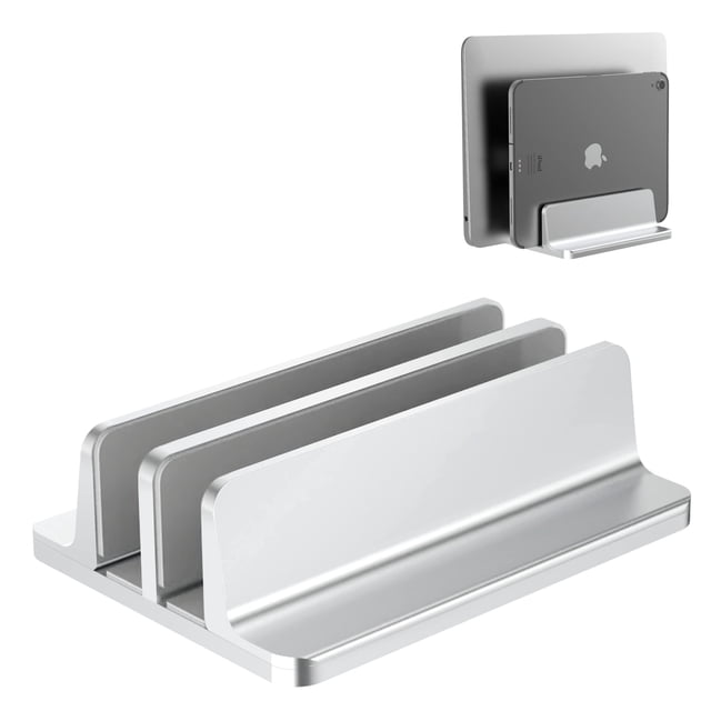 Soporte para portátil BULL-TECH vertical de 2 ranuras de aluminio plateado