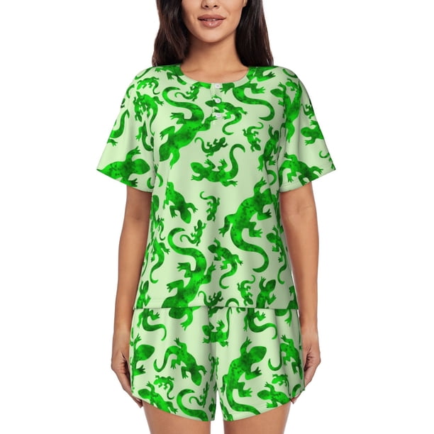Fotbe Green Lizard Conjunto de Pijama Estampado para Mujer, 2 Piezas, Ropa de Dormir con Camiseta de Manga Corta y Shorts Suaves-X-Large