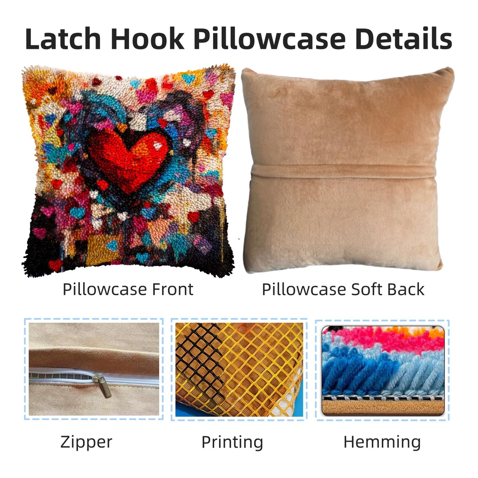 Abstract Textured Hear-shape in Red DIY Latch Hook Pillow Kits for Adults Printed Pillowcase Crochet Yarns Hooking Handmade Pillow Cover Cushion for Home Sofa Decoration 17x17inch