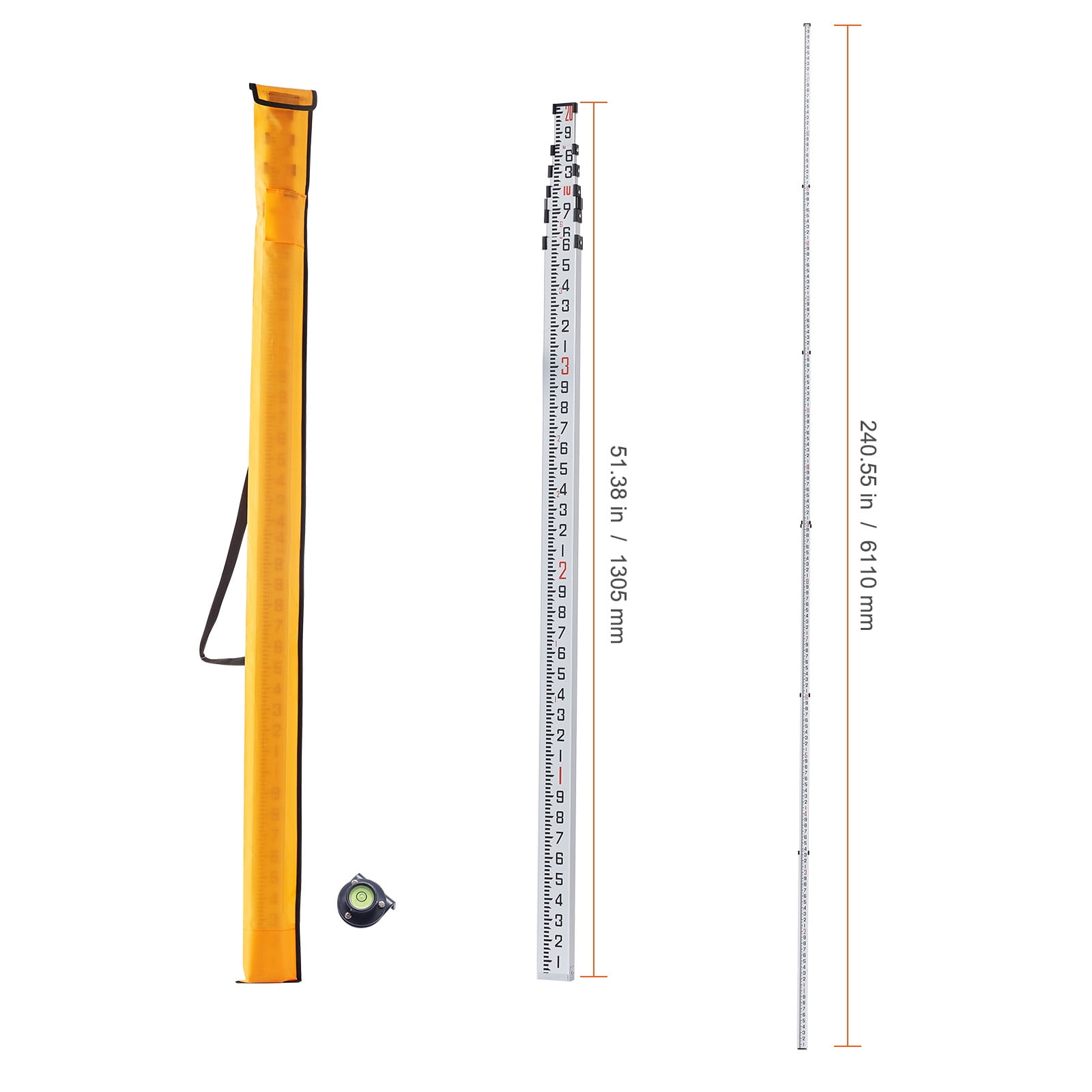 KFFKFF Aluminum Measuring Stick, 20ft/10ths, 6-Part Extendable Rod, Dual-Sided 1/10ft Scale, with Bubble Level & Carry Case for Residential & Commercial Construction