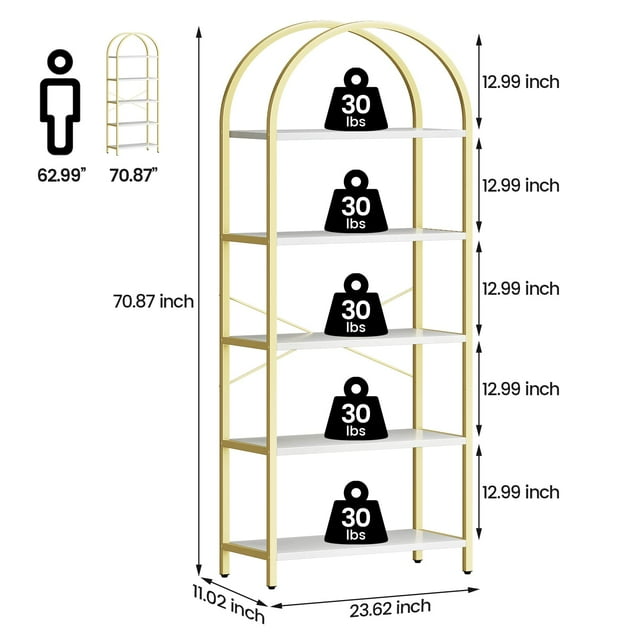 GloryStar Arched Bookshelf 5 Tier Bookcase Display Racks Tall Bookshelves Modern Storage Rack Shelf Large Wood Book Shelf for Bedroom, Living Room, Home Office