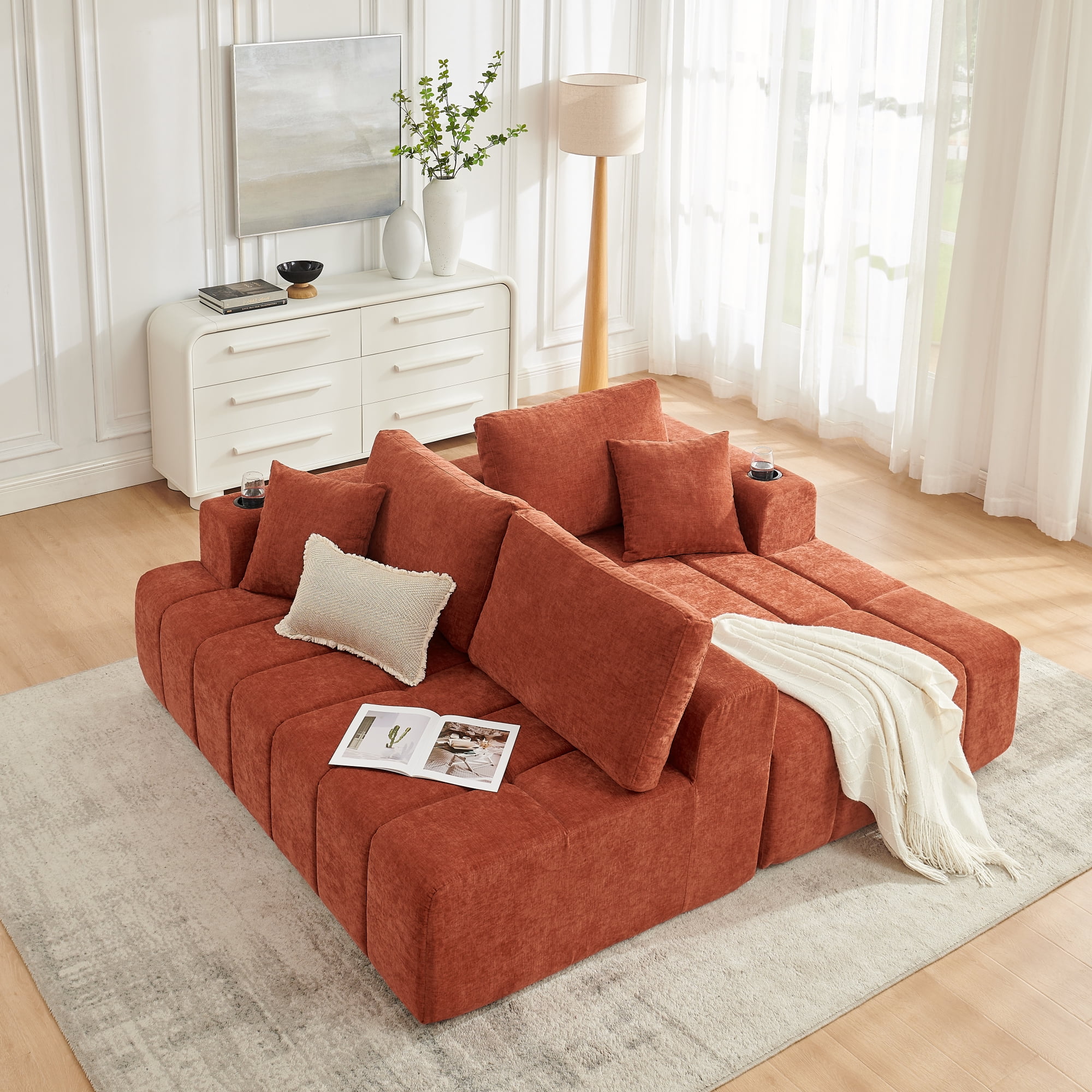 Leumius 108" L-Shaped Sectional Sofa,Chenille Boneless Couch, Modern 3-Seat Upholstered Cloud Couch Sectional with Deep Seat and Cup Holders for Living Room,No Assembly Required,Orange