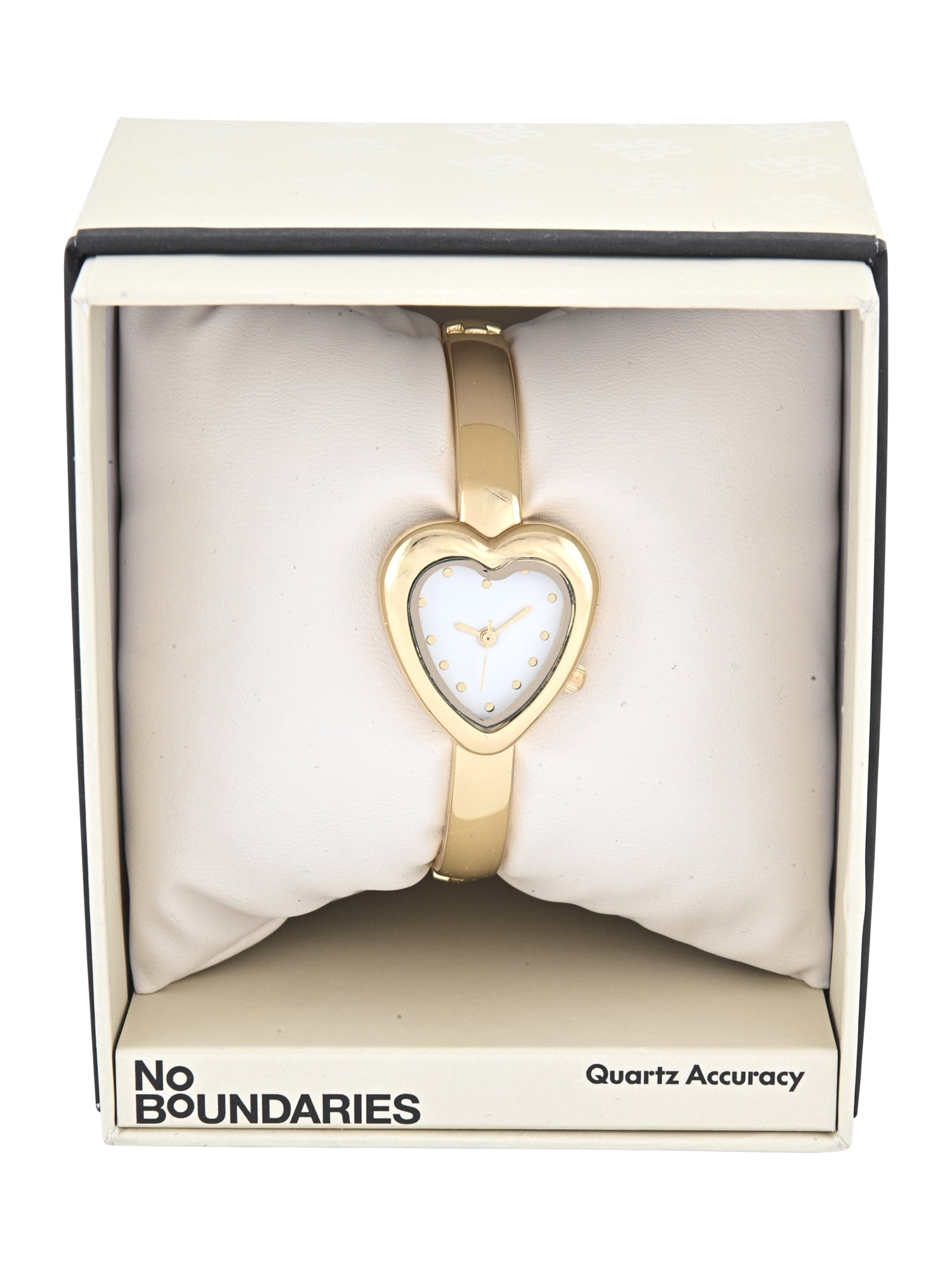 No Boundaries Adult Female Goldtone Heart Shaped Case Watch with Bangle Bracelet.