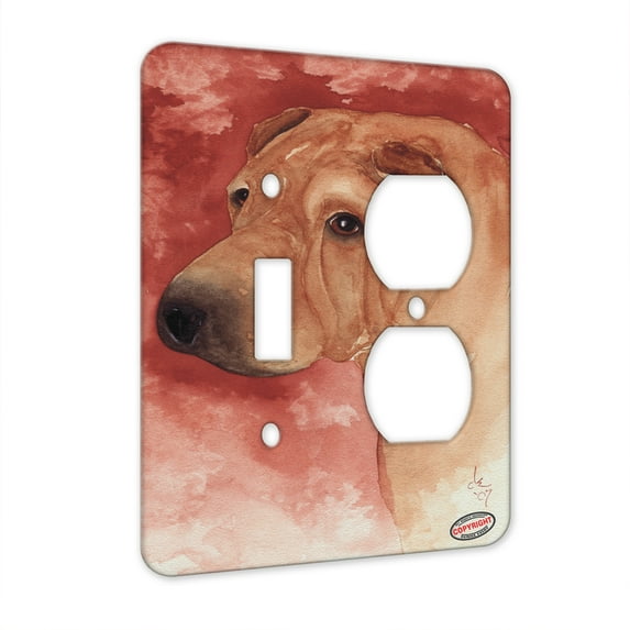 KuzmarK™ 2 Gang Single Toggle / Single Duplex Wall Plate - Chinese Shar Pei Fawn Horsecoat Head Study Art by Denise Every