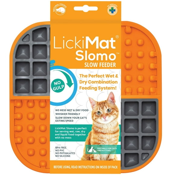 LickiMat Slomo, Cat Slow Feeder Lick Mat, Boredom Anxiety Reducer; Perfect for Food, Treats, Yogurt, or Peanut Butter. Fun Alternative to a Slow Feed Cat Bowl or Dish, Orange