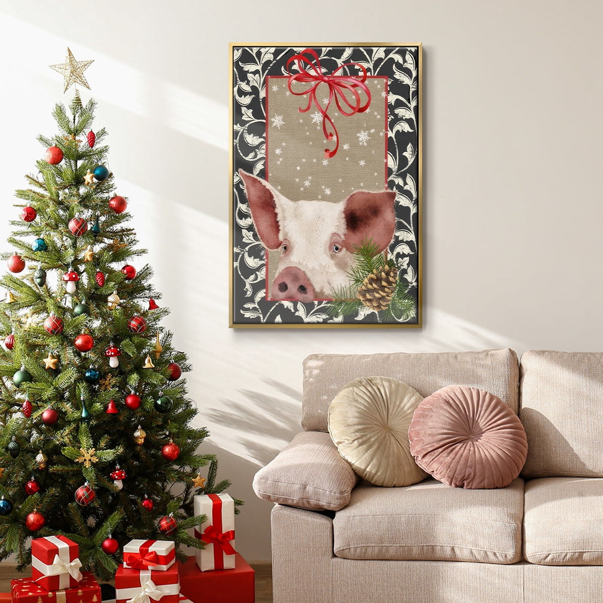 County Christmas Farm II - Framed Gallery Wrapped Holiday Canvas - 27 x 41 - Gold Frame