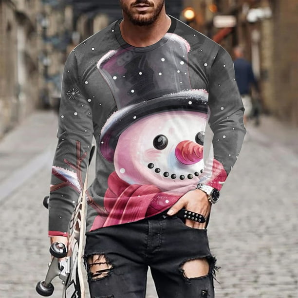 Blusas y camisas de manga larga y cuello redondo para hombre, informales, a la moda, con estampado navideño, cuello redondo, blusas de licra de manga larga para hombre.