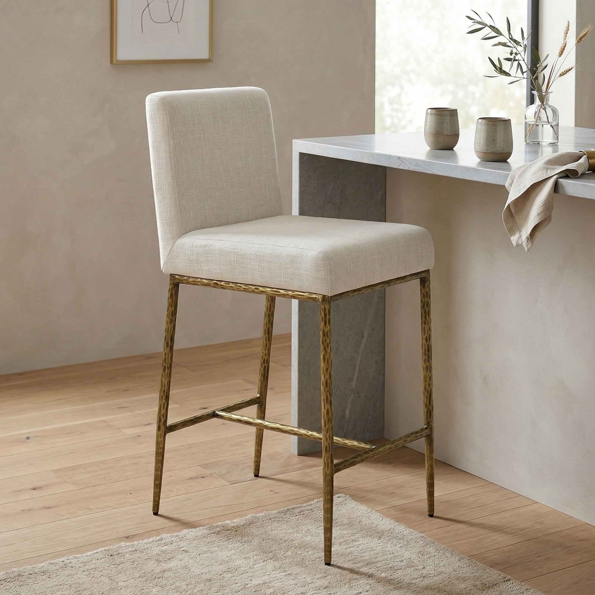 Lalia Modern Upholstered Square Back Counter Height Bar Stool with Metal Frame, Matte Gold