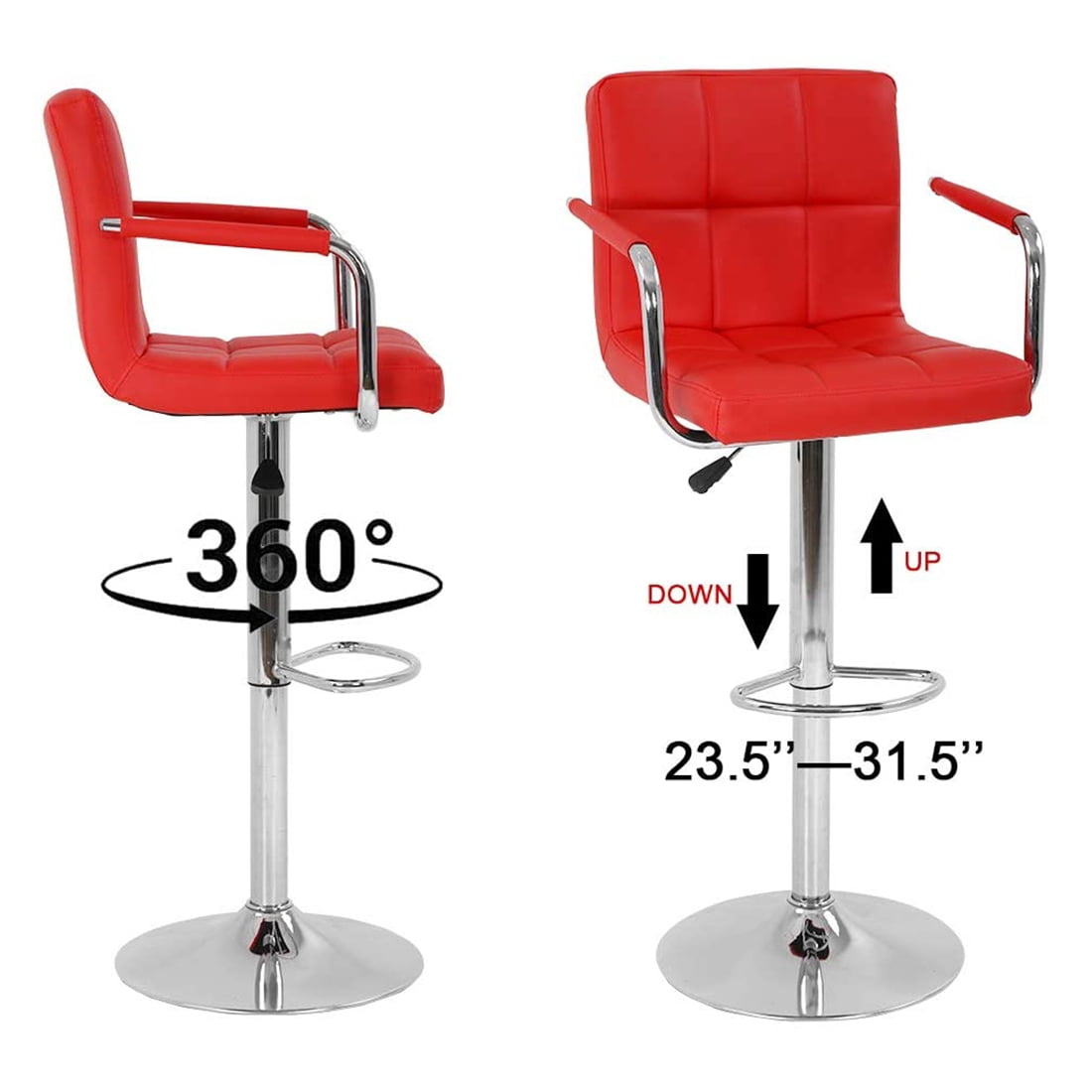 Set of 2 PU Leather Bar Stools Armrest Counter Stools Swivel Square Counter Height Barstools with Armrest Adjustable Hydraulic Bar Chairs with Upholstered Back & Seat, Red