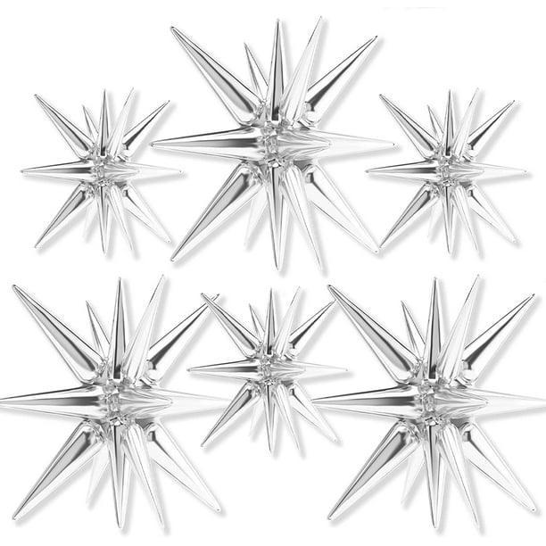 Globos de estrella, 6 piezas (27 y 22 pulgadas), globos de una pieza con 14 puntas, globos de aluminio con forma de estrella plateada, globos grandes, globos de aluminio para decoración de bodas y cum