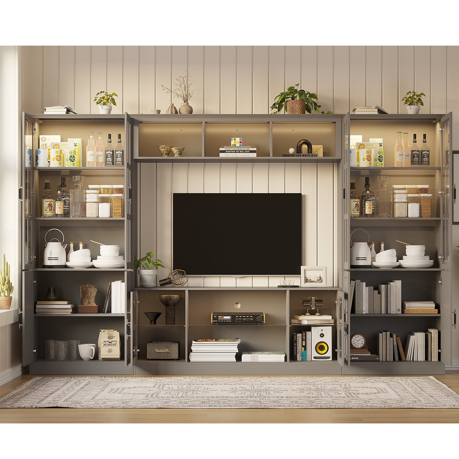 MEISSALIVVE 4-Piece Wall Unit TV Stand with Storage & LED Lights for TVs up to 75", Modern Entertainment Center with Bookshelves & 4-Door Pantry Cabinet, Gray
