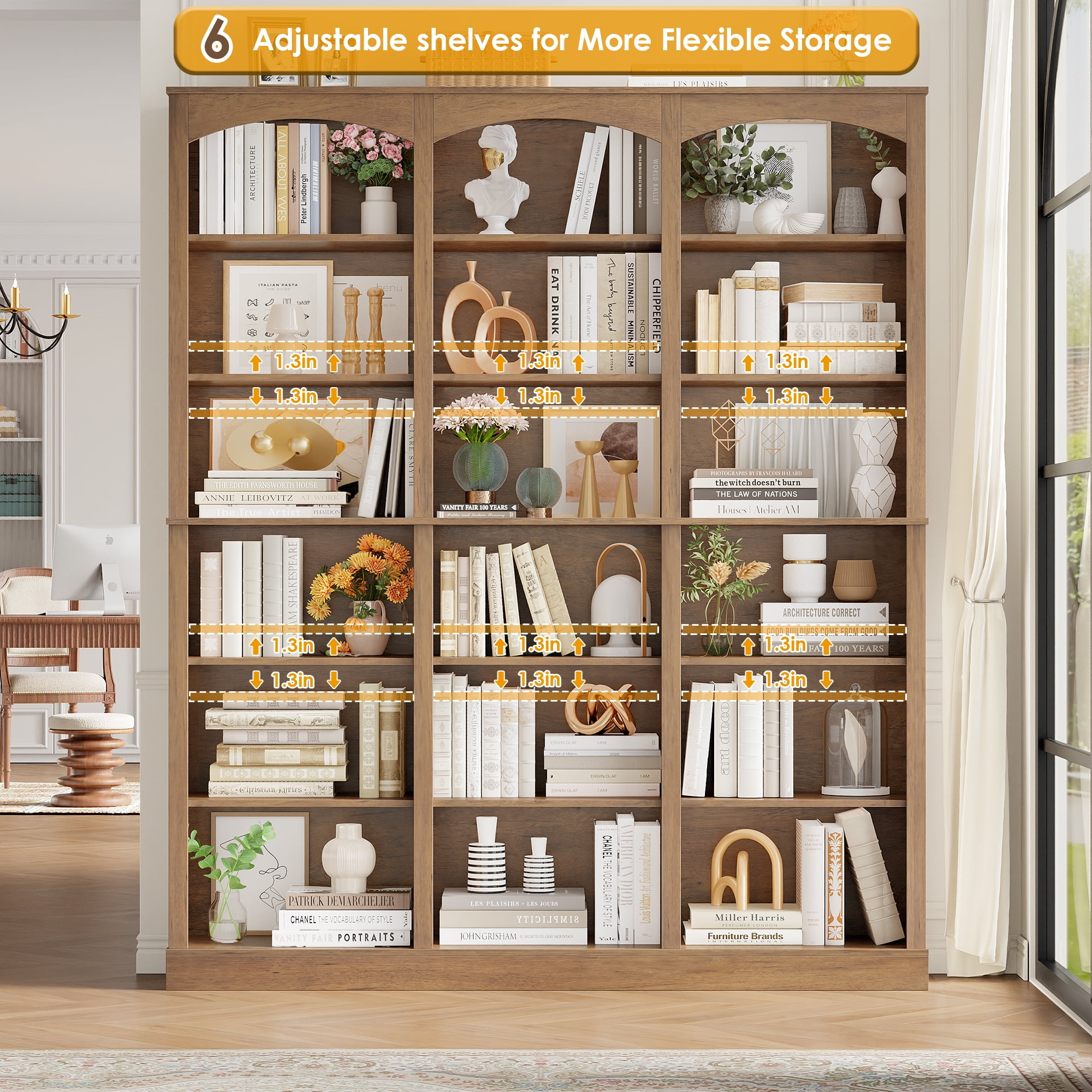 Homfa 18-Cube Bookcase and Bookshelves, 71.2" Triple Width 6-Tier Freestanding Arch Library Cabinet for Home Office Living Room, Phoebe Zhennan Texture