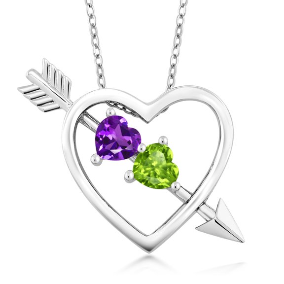 Gem Stone King 0.90 Cttw Purple Amethyst and Green Peridot Heart and Arrow Pendant Necklace for Women | 925 Sterling Silver | With 18 inch Silver Chain