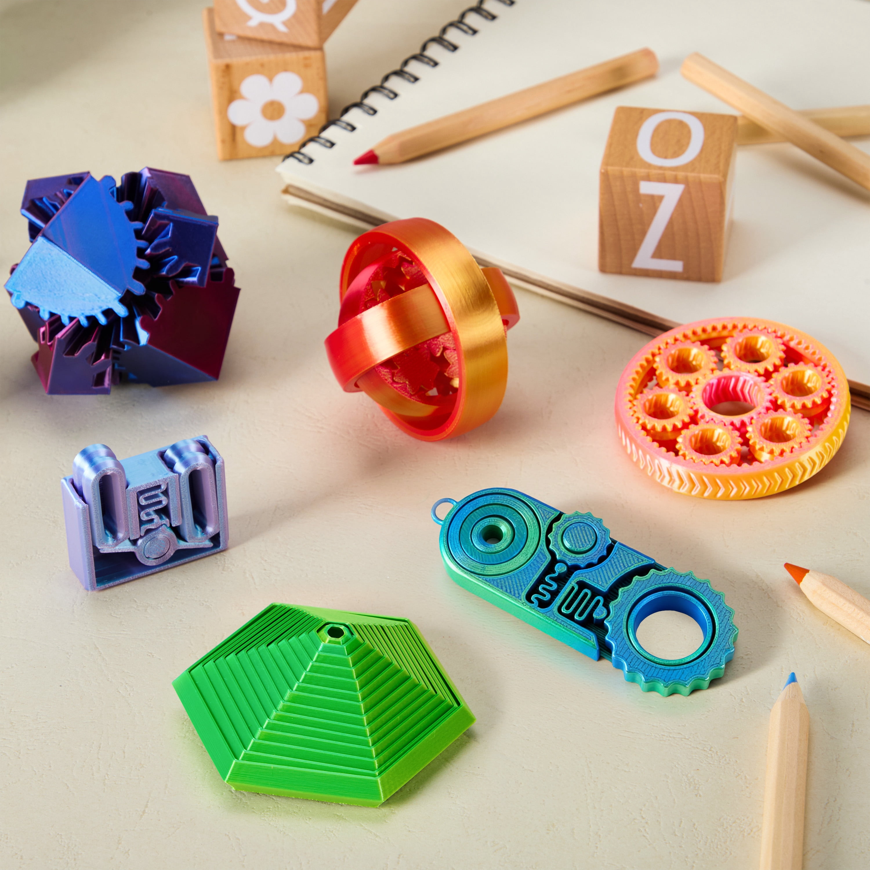 Joyfy 6 Pcs 3D Printed Fidgets Spin Fractal Click Gear Stress Relief Toys for Kids & Adults, Metallic Color ADHD Autism Product, Sensory Tools, Gifts for Birthday Christmas