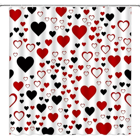 Valentine''s Day Shower Curtain Black Red Love Heart Romantic Sweetheart Couple Lover Fabric Decorative Bathroom Curtains with Hooks,Black Red