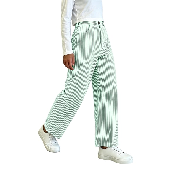 Costeam Womens Summer Vertical Stripe Curved Barrel Leg Pants Dual Side Slant Pockets Button Zip Fly Elastic Back Waist Relaxed Fit Casual Long Trousers