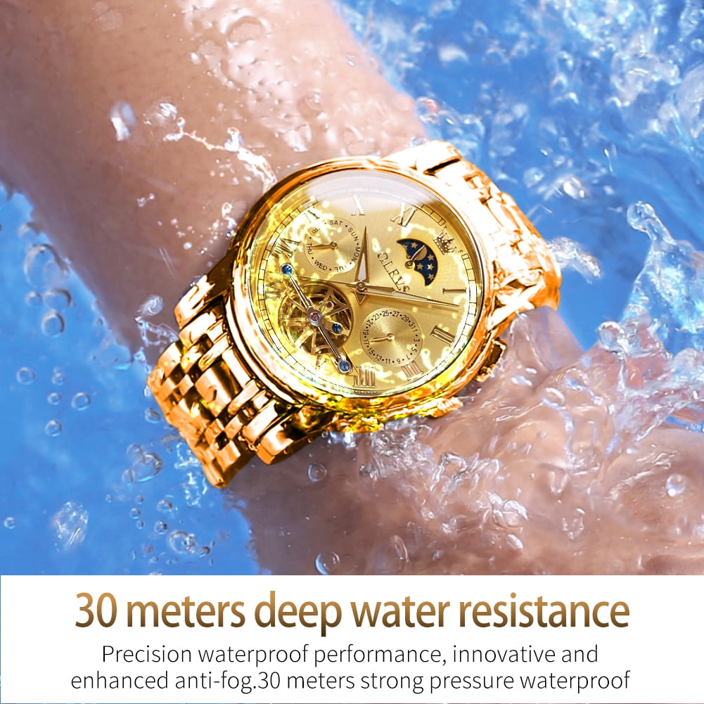 OLEVS Automatic Watches for Mens Skeleton Mechanical Self Winding Chronograph Calendar Classic Dress Moon Phase Multifunction Mens Wrist Watches Luminous Waterproof Stainless Steel Reloj Para Hombre