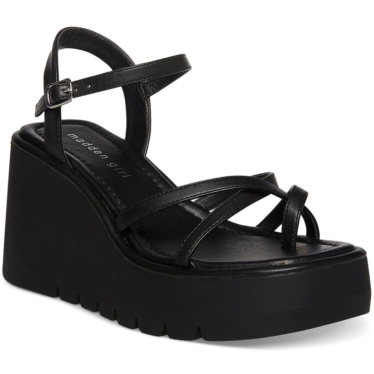 MADDEN GIRL Womens Black Padded Strappy 1-1/2" Platform Adjustable Strap Lug Sole Vault Square Toe Wedge Buckle Heeled Sandal 7 M