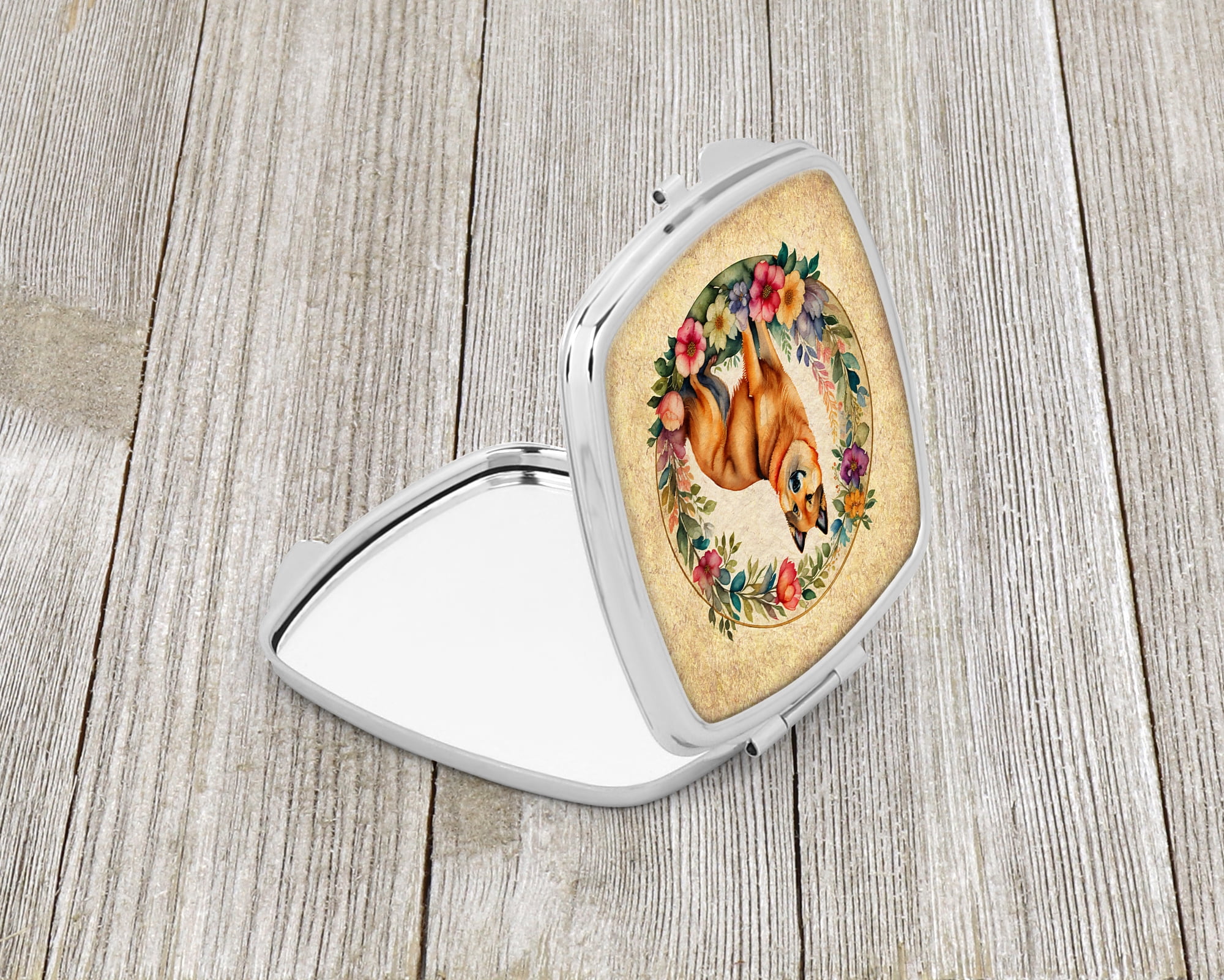 Finnish Spitz and Flowers Compact Mirror 2.75 in x 3 in