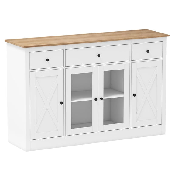 Kadyn 55" Large Sideboard Buffet Cabinet with 3 Drawers and 2 See-through Doors, Kitchen Buffet Cabinet with Adjustable Shelves Wine Bar Table for Dining Room, Kicthen, Living Room, White